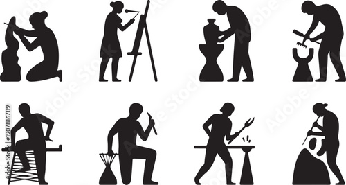 Silhouette illustrations of traditional crafts and daily activities people performing