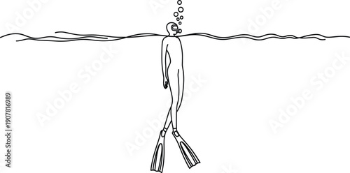 Minimalist scuba diver line drawing, underwater swimmer at surface, black and white aquatic sport illustration concept design