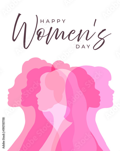 Women's Day greeting card with overlapping female silhouettes in pink tones. Modern minimalist illustration celebrating femininity, equality, and empowerment. For March 8 greetings and social posts