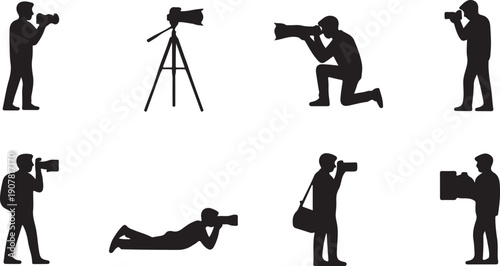 Various creative photography poses with cameras in different shooting positions