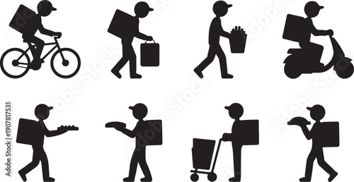 Various delivery person icons showing different transportation and carrying methods