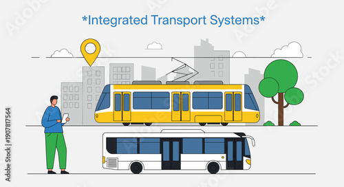 Integrated Transport Systems Illustration with Tram and City Bus Showing Smart Urban Mobility, Public Transit Network, and Sustainable Transportation Concept