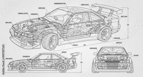 Car Technical Drawing Blueprint Illustration.