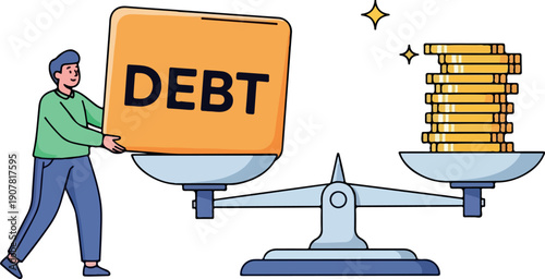 Flat 2D vector, Debt Management and Financial Responsibility Isolated on Transparent Background