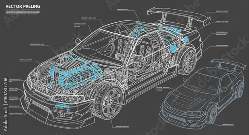 Car Technical Drawing Blueprint Diagram.
