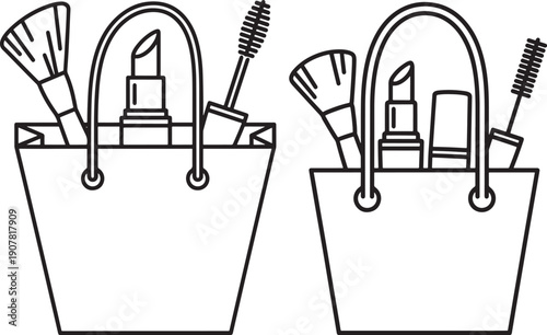 Outline Vector of Makeup Bags with Brushes and Lipstick - Beauty and Cosmetic Products Illustration