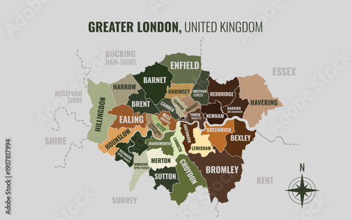 A map showing Greater London UK City into Local in a minimalist colorful style