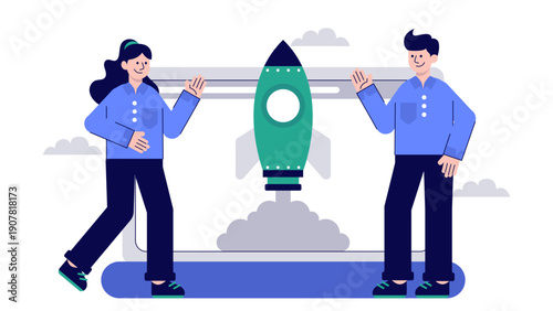 A man and a woman launching a rocket symbolizing a new business startup