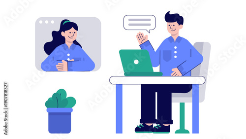 A businessman conducting an online video conference call from his laptop with a colleague