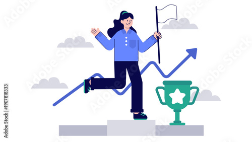 A woman celebrating business victory on a podium holding a flag with an upward growth arrow and trophy