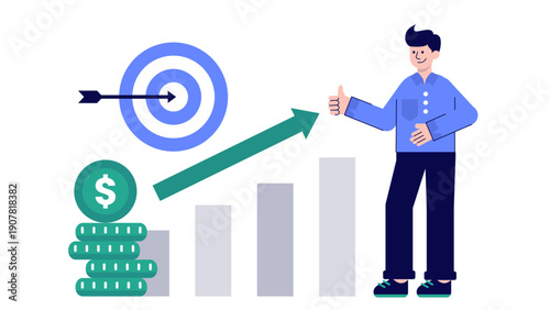 Successful businessman giving thumbs up next to target board and rising growth arrow