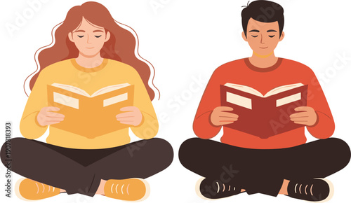 Man and Woman Reading Books Together Flat Illustration Showing Education, Learning, Reading Habits, Knowledge, and Calm Study Lifestyle Concept