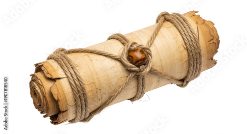 Canvastavla Aged papyrus scroll tied with twine and a wooden bead isolated PNG, ancient manu