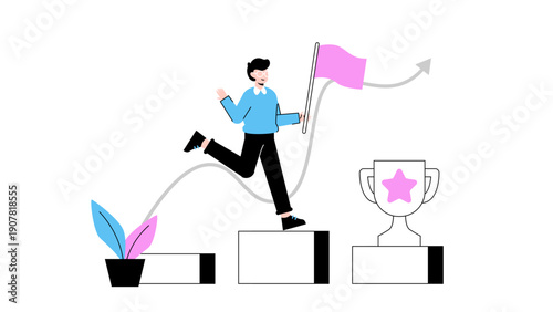 A man running up stairs with a flag toward a trophy and a growth arrow