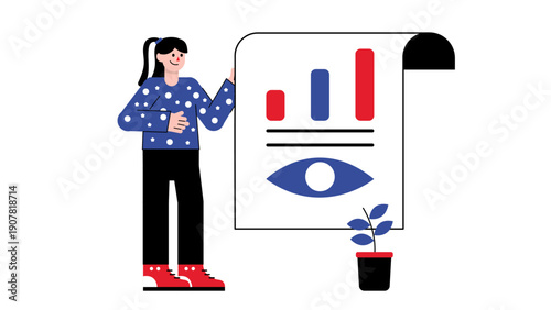 A woman standing beside a large document featuring a bar chart and a vision eye icon