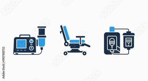 Icons for medical equipment: infusion pump, reclining chair, and IV drip bag, symbolizing healthcare, treatment, and patient care. Professional medical illustration.