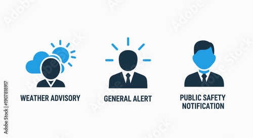 Icons for public safety and alerts: weather advisory, general alert, and public safety notification. Communicating important information effectively.