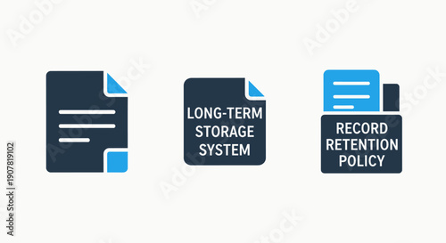 Icons for data management and compliance: document, long-term storage system, and record retention policy. Ensuring data longevity and accessibility.
