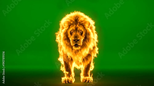 Fiery Lion Roaring with Smoke and Flames on Green Screen.