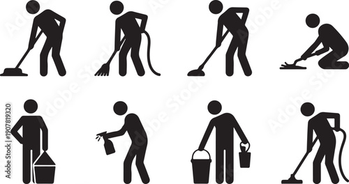 Eight black and white icons showing different cleaning activities with tools