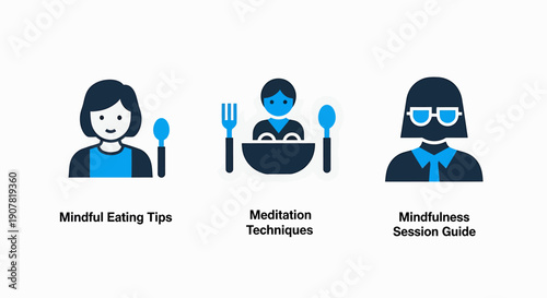 Mindfulness and wellness icons: eating tips, meditation techniques, and session guide for balance