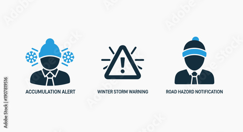 Icons for weather alerts: accumulation, winter storm warning, and road hazard notification, depicting severe weather and safety information