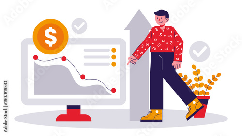 A man pointing at a computer screen showing an upward trend and a coin for business scaling
