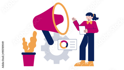 A woman presenting a marketing plan with a megaphone and data charts