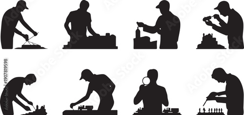 Eight chess players engaged in different preparation and playing positions