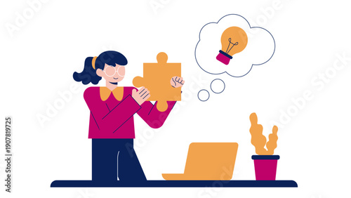 A woman holding a puzzle piece while thinking of an idea for a strategic business approach