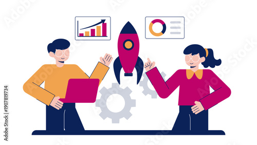 Two people launching a rocket ship surrounded by data charts and gears symbolizing a new venture