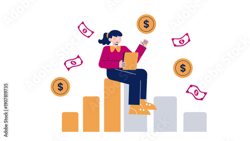 A girl sitting on a rising bar chart with floating money and coins representing high business profit