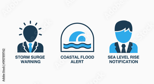 Natural disaster warning icons: storm surge, coastal flood, sea level rise notifications for environmental alerts and safety