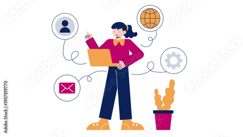 Young woman using a laptop to connect with global networks and communication tools