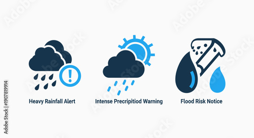 Weather alert icons: heavy rainfall, intense precipitation, flood risk for climate warnings and natural disaster preparedness