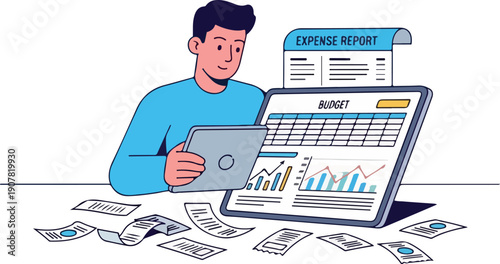 Flat 2D vector, Financial Audit and Expense Report Analysis Isolated on Transparent Background