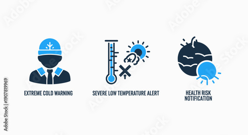 Winter weather and health risk icons: extreme cold, low temperature, health notification for climate alerts and safety warnings