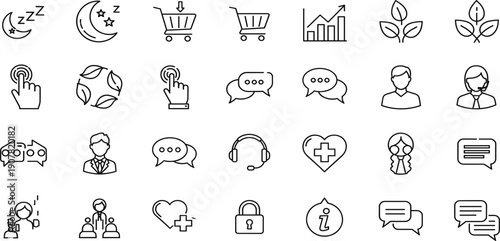 Minimal Line User Interface Icon Set with Communication, Shopping, Growth, Support, Security, Health, and Business Symbols for Web and App Design