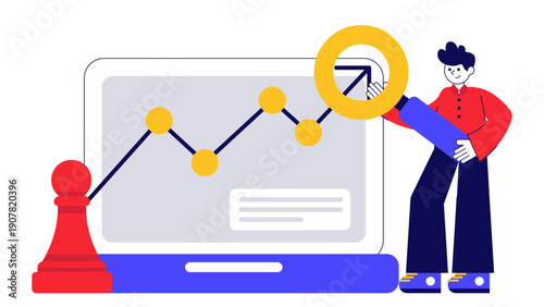 Businessman analyzing market growth with magnifying glass and chess strategy