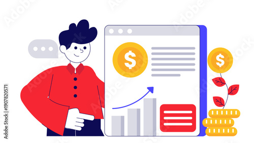 A businessman pointing at a growth chart on a screen next to stacked gold coins and a growing plant representing investment