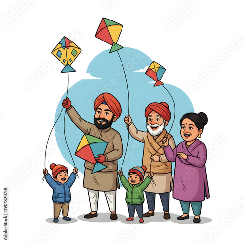 Indian punjabi family flying kites during Makar Sankranti, joyful expressions, vector caricature