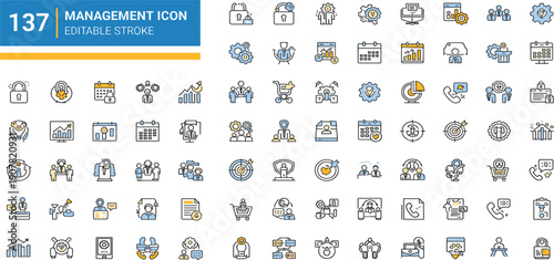 Management Icon Set with Editable Stroke Featuring Leadership, Teamwork, Planning, Security, Analytics, Communication, and Business Administration Symbols for Web and App Design