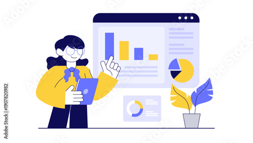 A female professional using a digital tablet to present financial reports and data analysis on a screen