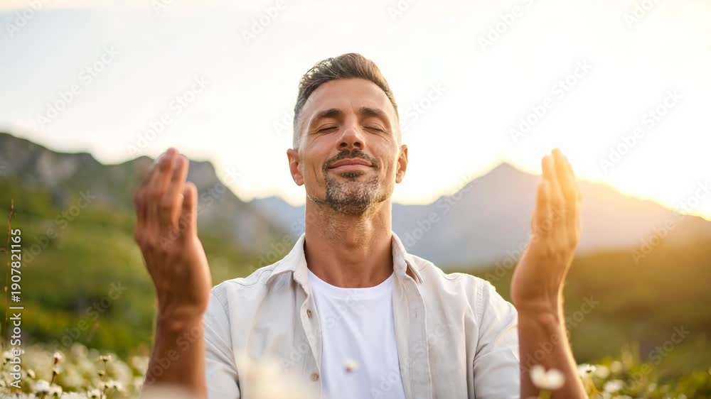 custom made wallpaper toronto digitalMan with eyes closed meditating in a field of wildflowers with mountains behind him