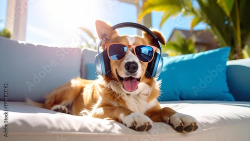 Wallpaper Mural Happy dog wearing sunglasses and headphones relaxing on outdoor sofa Torontodigital.ca