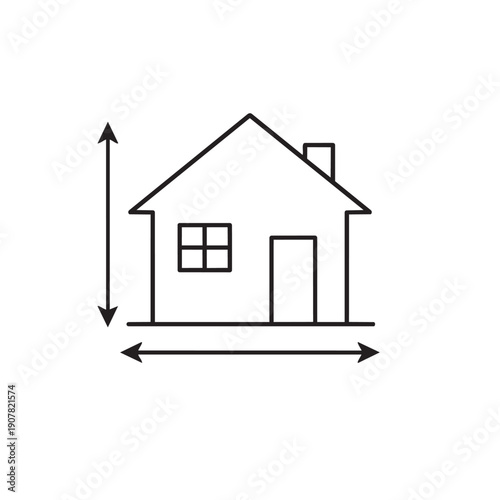 Simple line drawing of a house with height and width measurement indicators isolated on transparent background