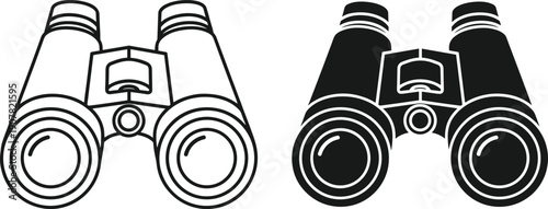 Binoculars silhouette and line art set, field glasses for bird watching and sightseeing, cad drawing flat vector illustration nature gear