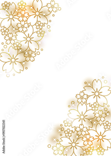 文様桜線画、背景、イラスト、金色、キラキラ、かわいい、縦