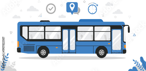 Modern City Bus Flat Vector Illustration with Navigation, Location, and Time Icons for Public Transportation, Urban Mobility, and Smart Transit Design