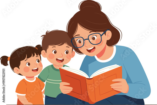Mother Reading Book with Children Illustration for Family Learning, Bedtime Storytelling, Early Education, Parenting, and Childhood Bonding Concept Designs